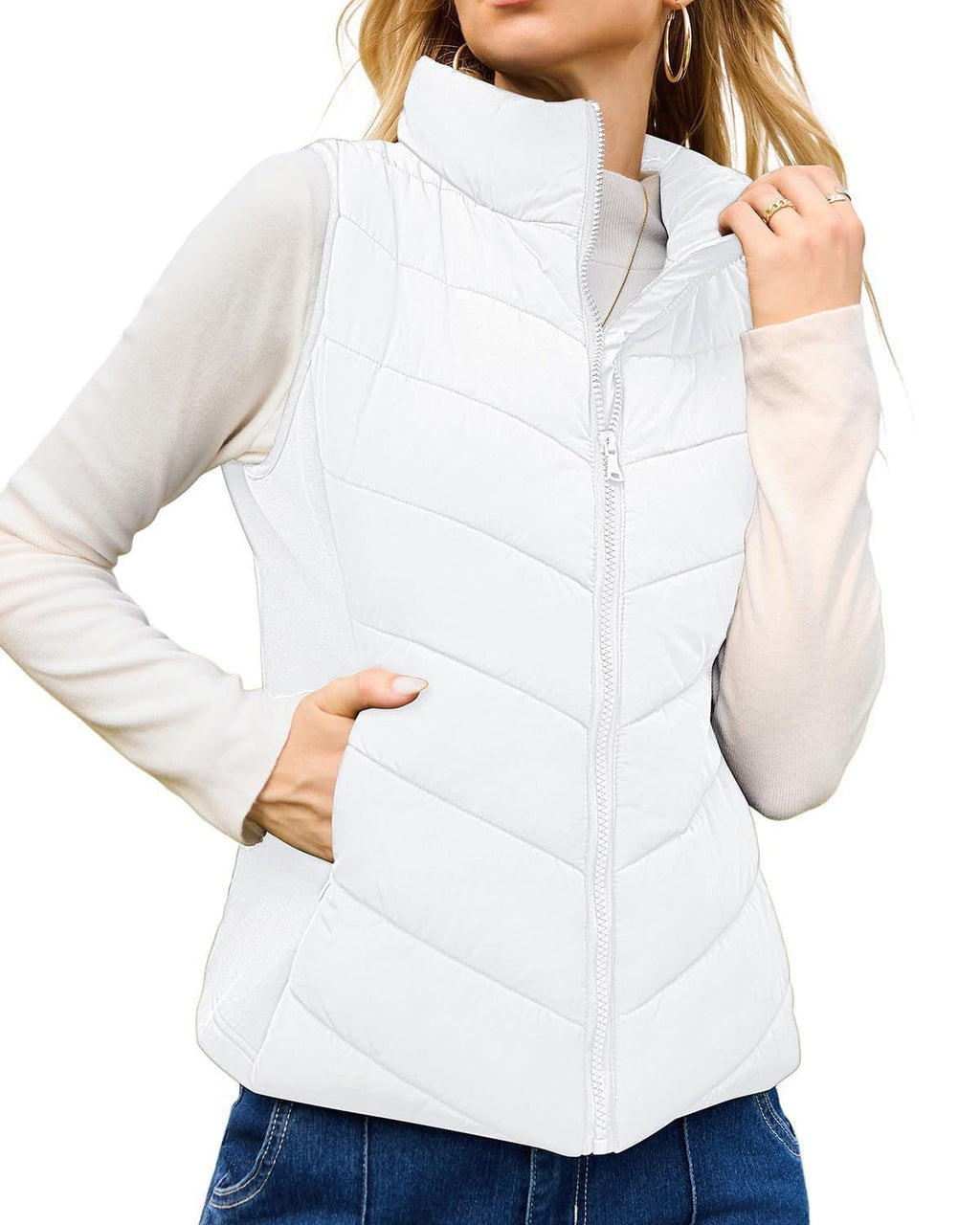 Chevron Quilted Sleeveless Puffer Jacket - White