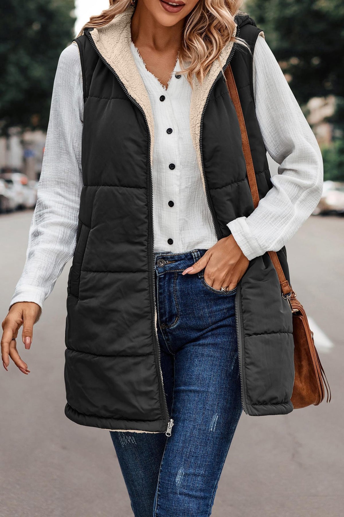 Reversible Sherpa Hooded Longline Puffer Vest - Black