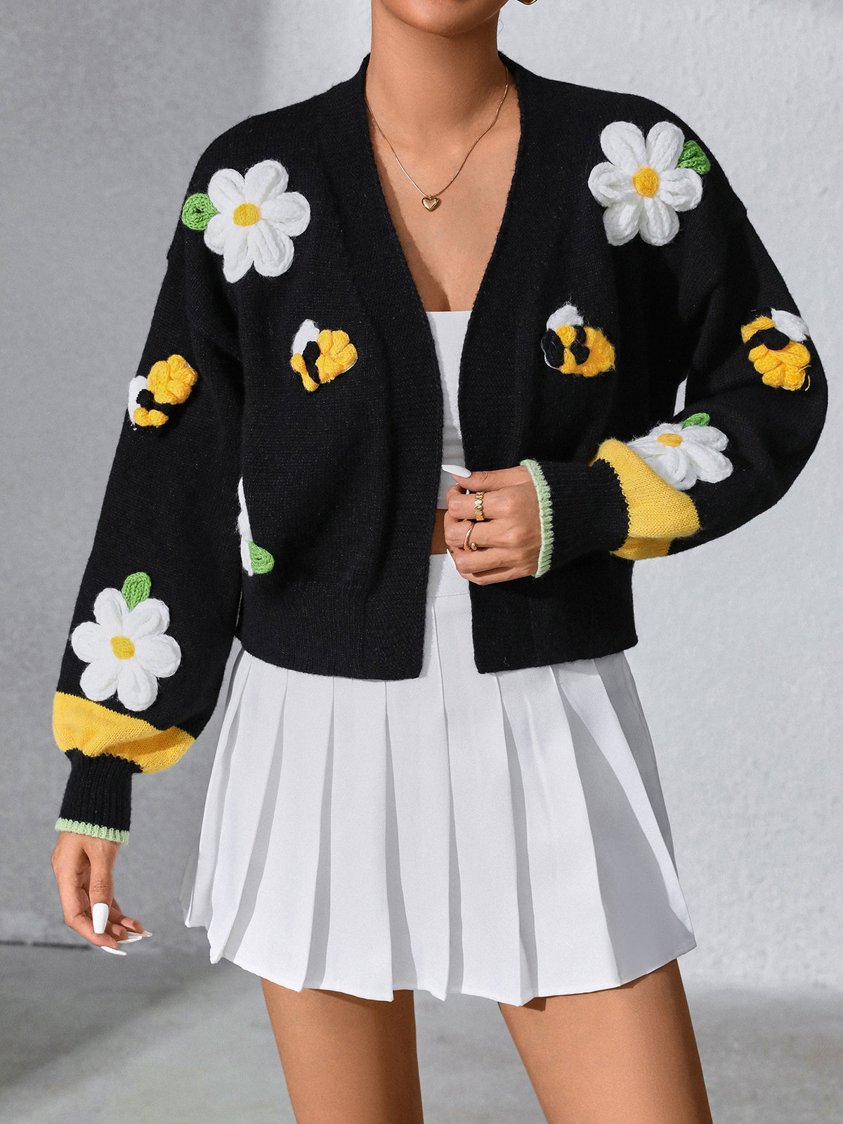 Cropped Knit Cardigan with Daisy Bee Appliques - Black