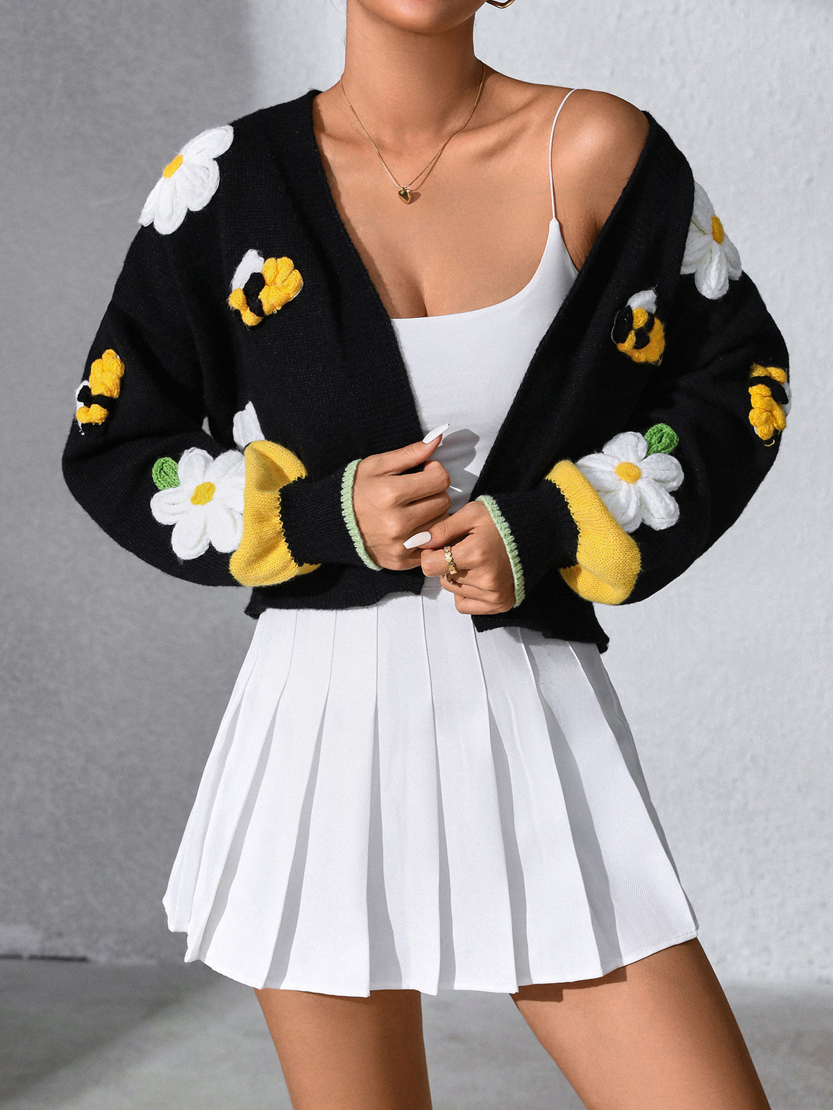 Cropped Knit Cardigan with Daisy Bee Appliques - Black - 1