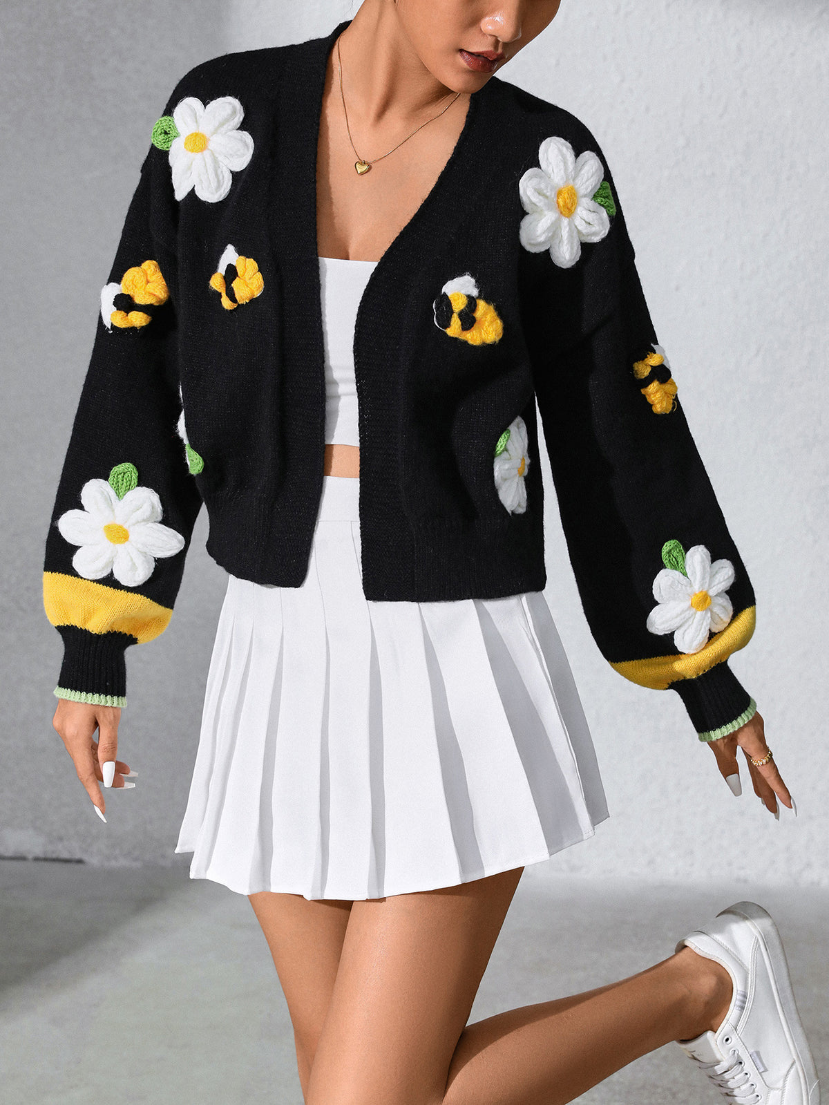 Cropped Knit Cardigan with Daisy Bee Appliques - Black - 2
