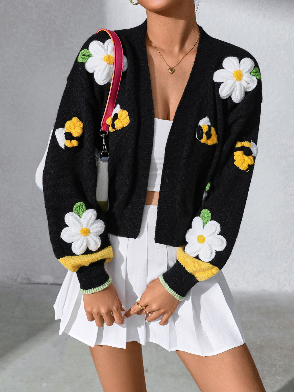 Cropped Knit Cardigan with Daisy Bee Appliques - Black - 3