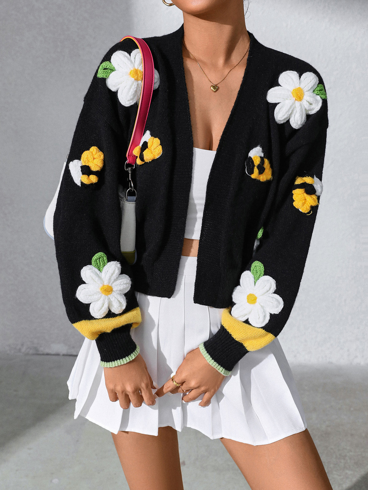 Cropped Knit Cardigan with Daisy Bee Appliques - Black - 3