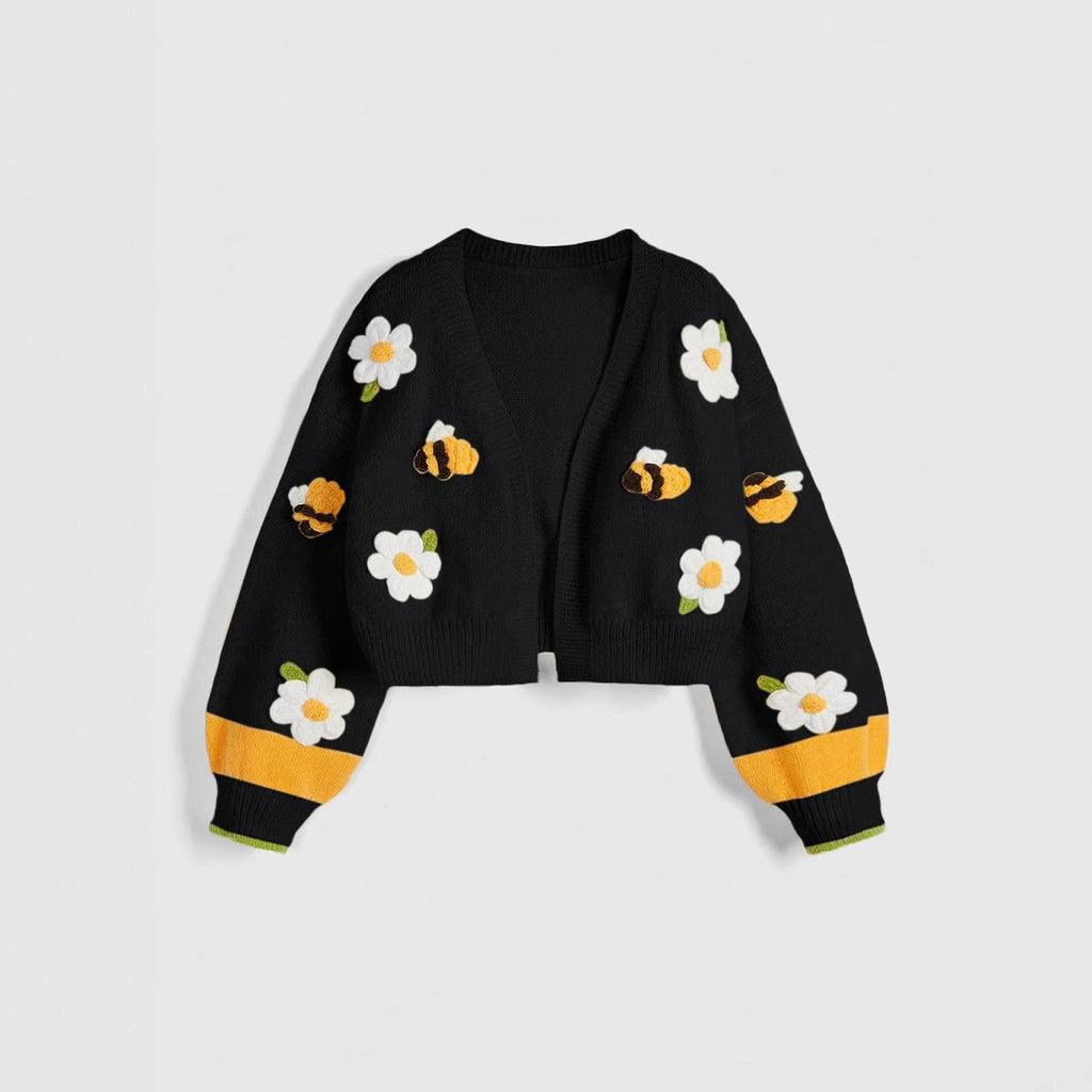 Cropped Knit Cardigan with Daisy Bee Appliques - Black - 5