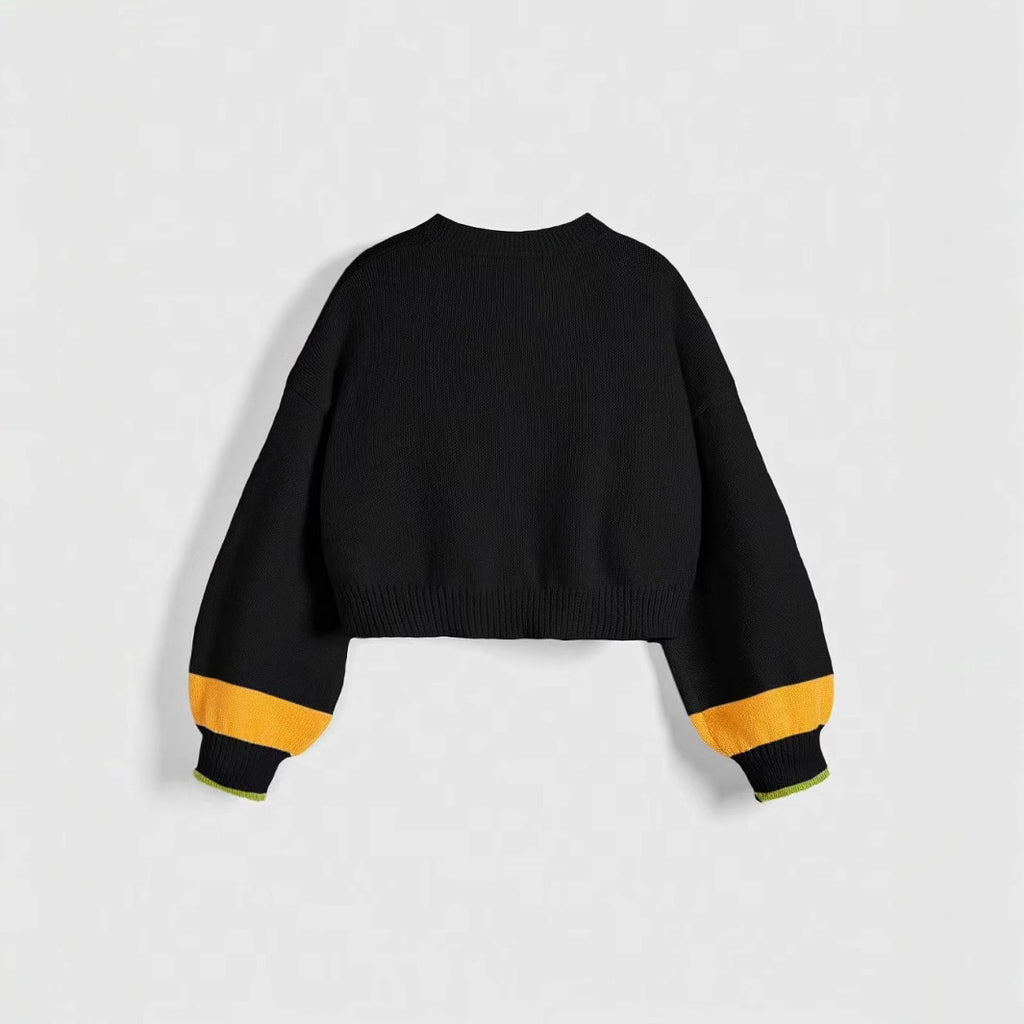 Cropped Knit Cardigan with Daisy Bee Appliques - Black - 6