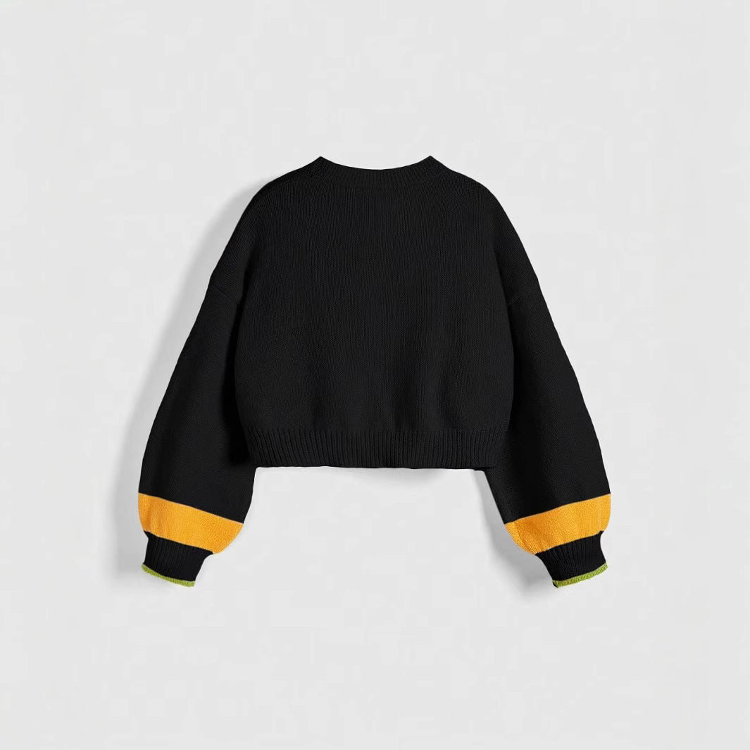 Cropped Knit Cardigan with Daisy Bee Appliques - Black - 6