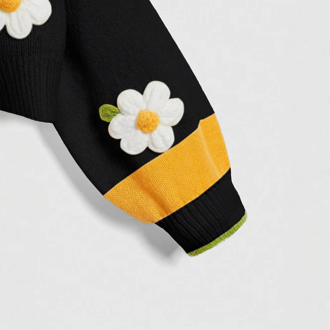 Cropped Knit Cardigan with Daisy Bee Appliques - Black - 7