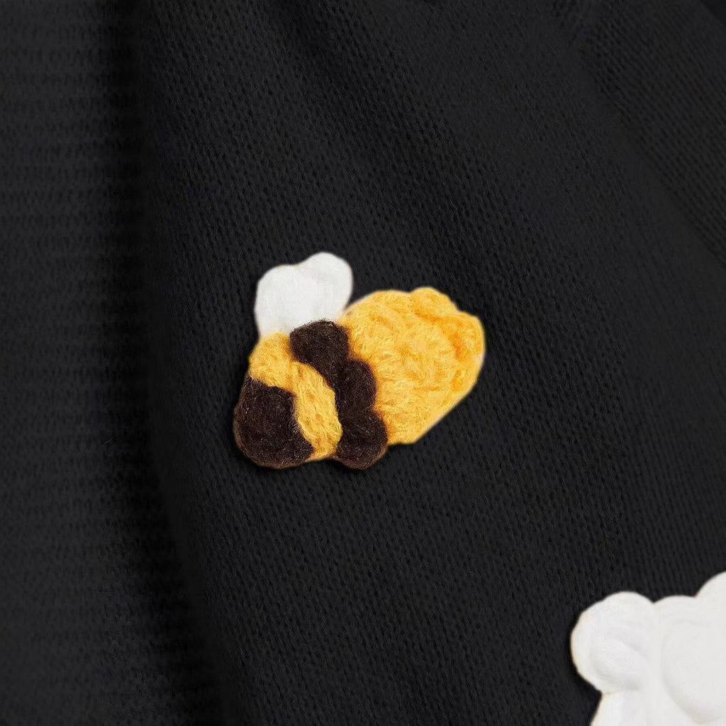 Cropped Knit Cardigan with Daisy Bee Appliques - Black - 8