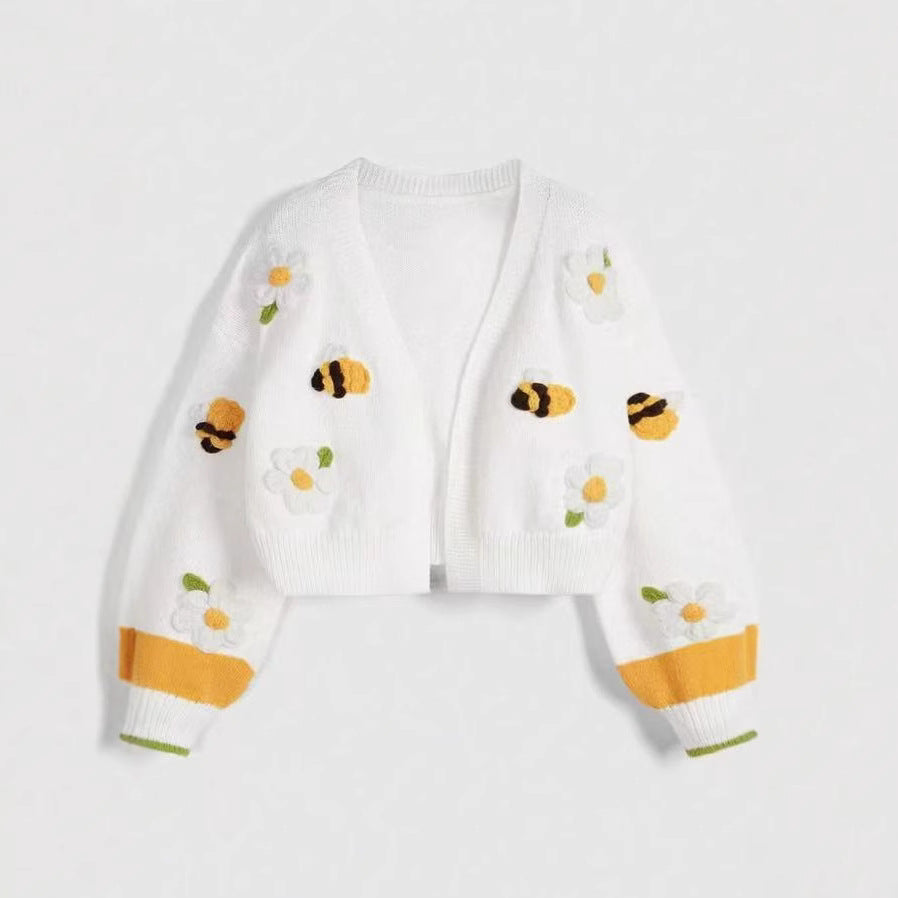 Cropped Knit Cardigan with Daisy Bee Appliques - White