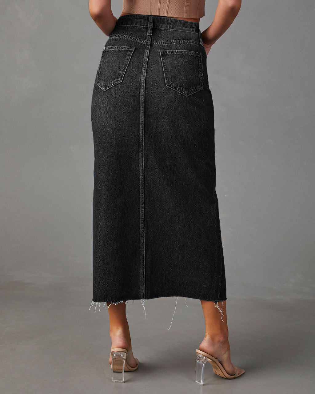 Raw Hem Split Front Denim Midi Skirt - Black - 1