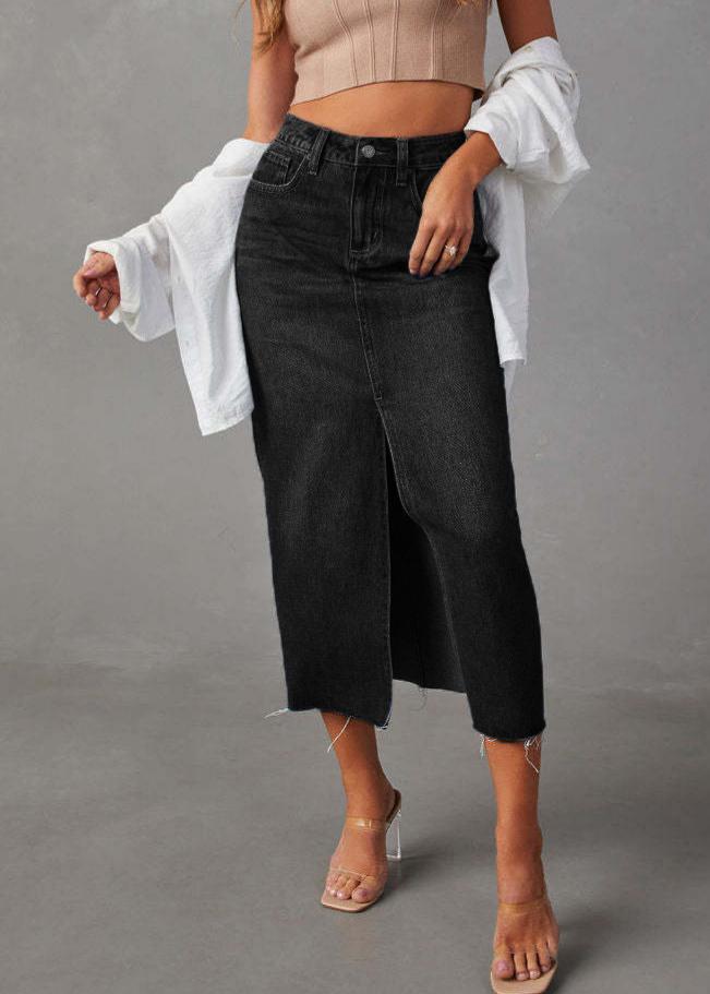 Raw Hem Split Front Denim Midi Skirt - Black - 3