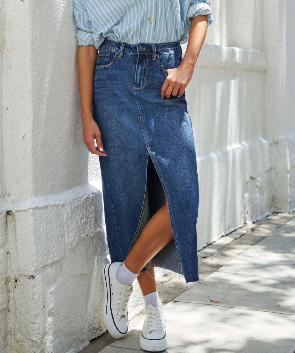 Raw Hem Split Front Denim Midi Skirt - DarkBlue