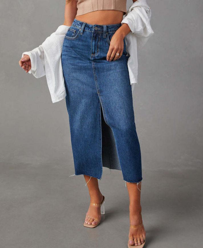 Raw Hem Split Front Denim Midi Skirt - DarkBlue - 1