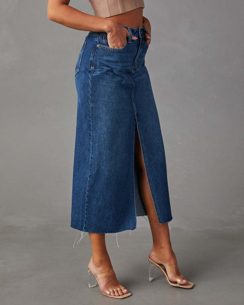 Raw Hem Split Front Denim Midi Skirt - DarkBlue - 2