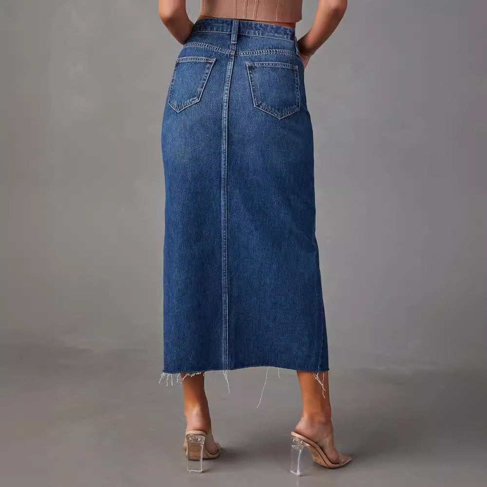 Raw Hem Split Front Denim Midi Skirt - DarkBlue - 3