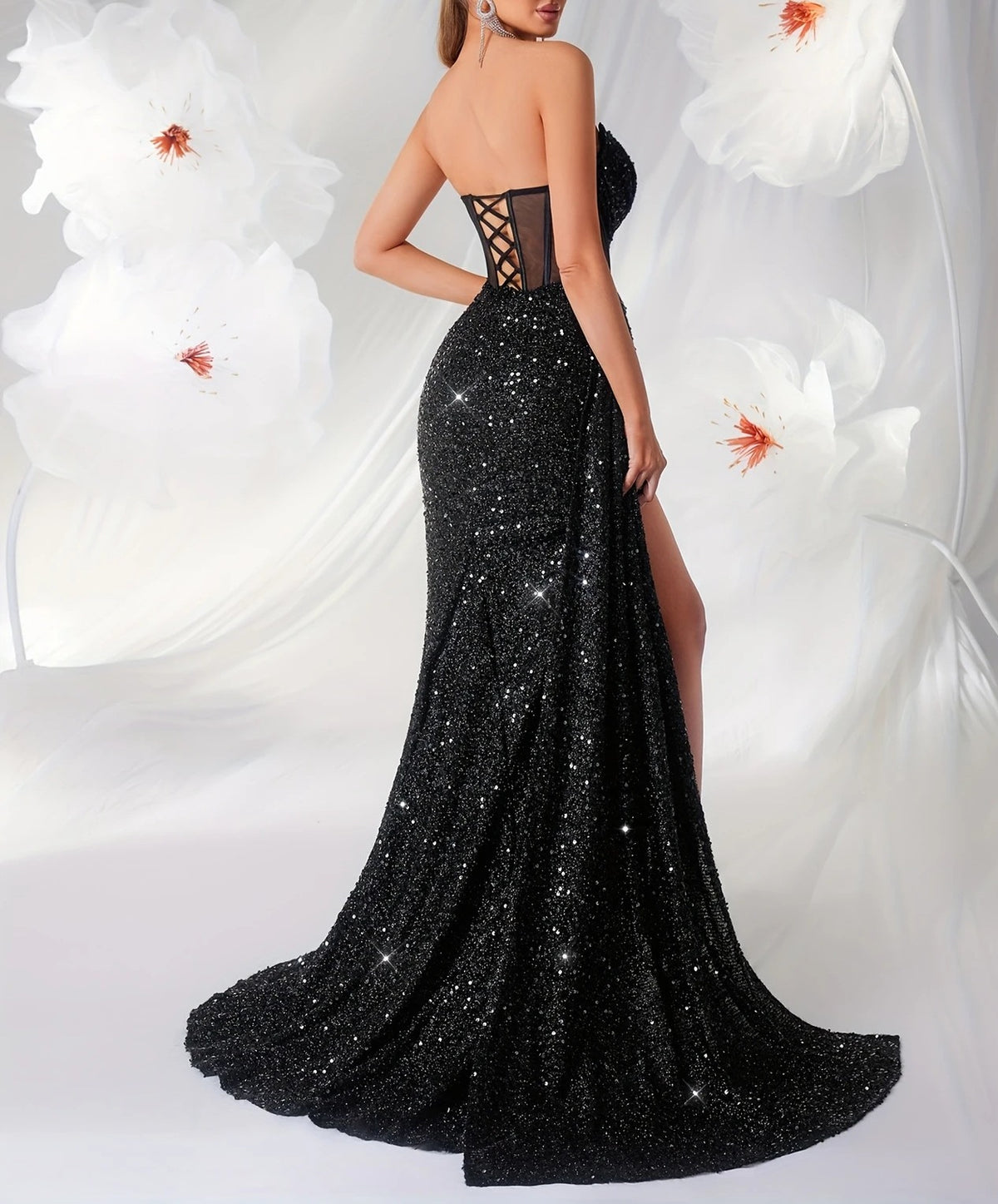 Sequin Corset Strapless Thigh Slit Maxi Gown - Black