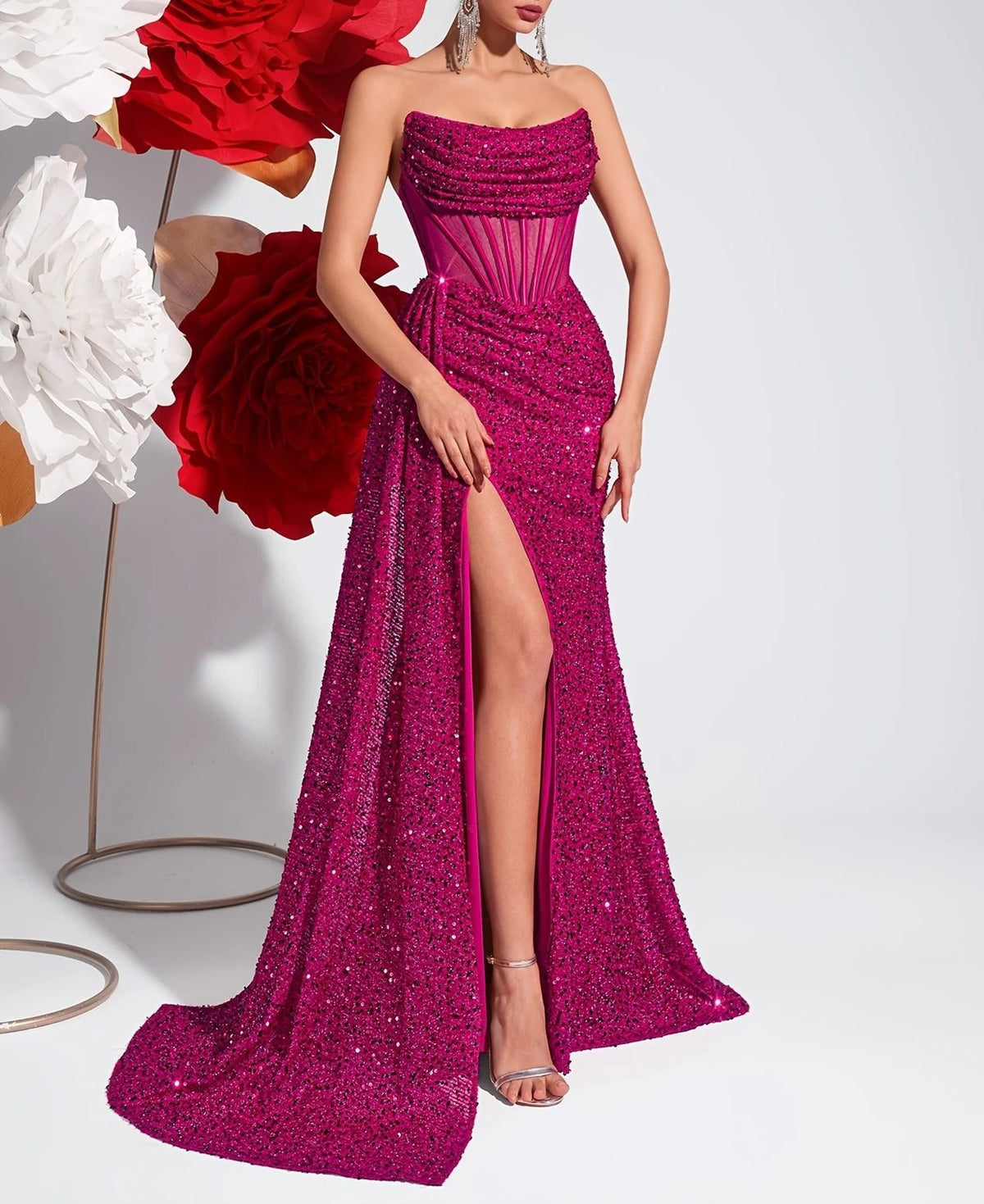 Sequin Corset Strapless Thigh Slit Maxi Gown - Fuchsia