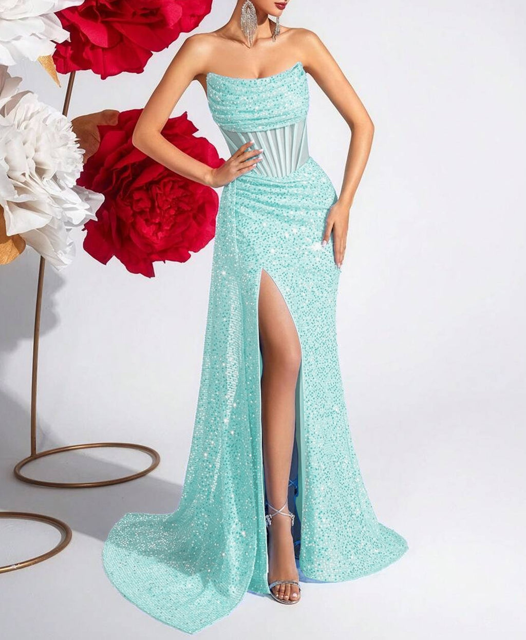 Sequin Corset Strapless Thigh Slit Maxi Gown - Mint