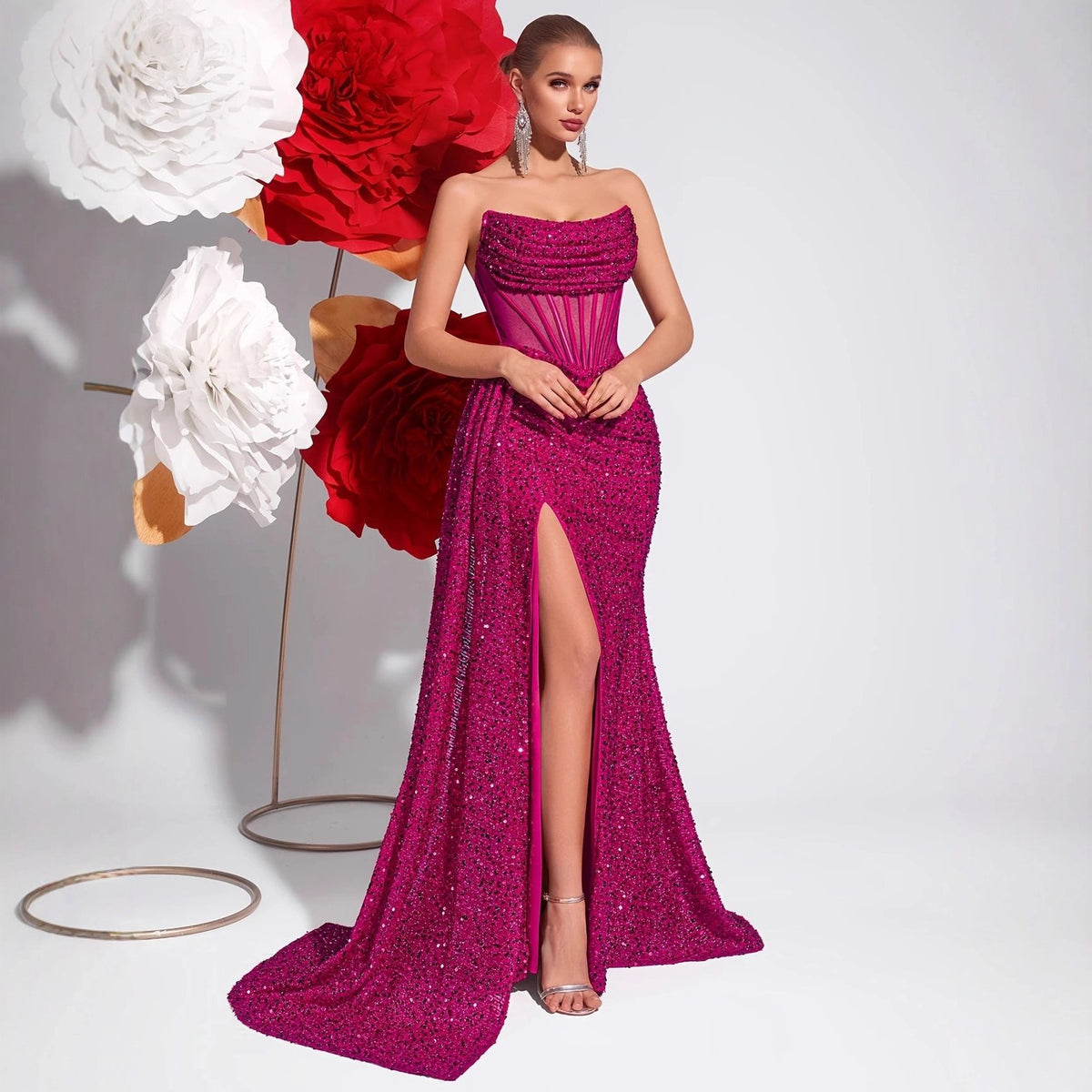 Sequin Corset Strapless Thigh Slit Maxi Gown