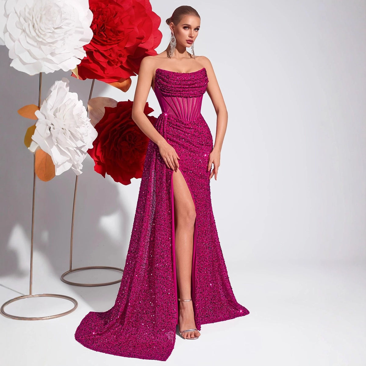 Sequin Corset Strapless Thigh Slit Maxi Gown