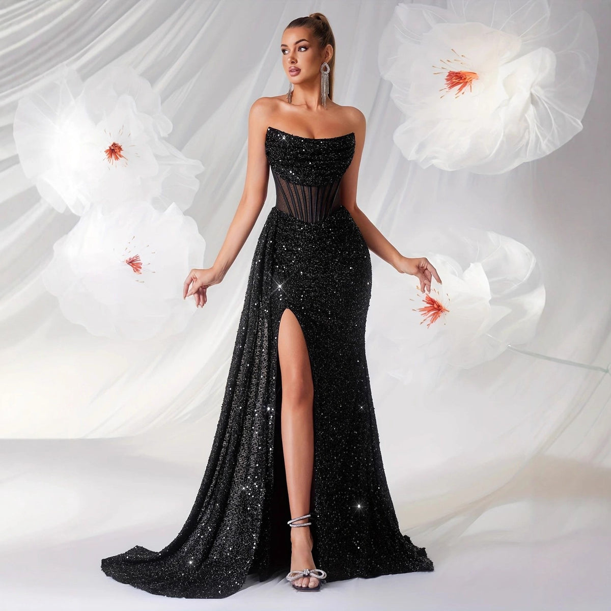Sequin Corset Strapless Thigh Slit Maxi Gown
