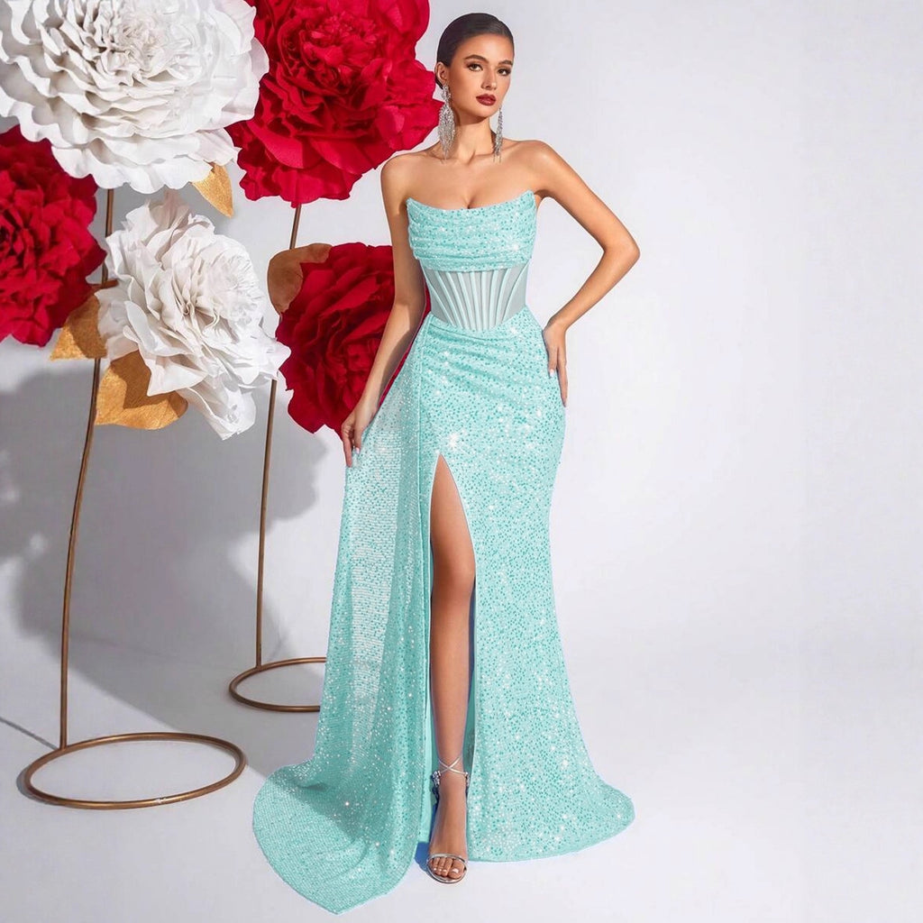 Sequin Corset Strapless Thigh Slit Maxi Gown