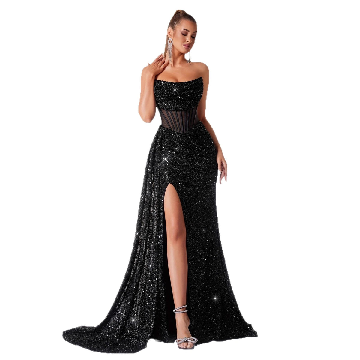 Sequin Corset Strapless Thigh Slit Maxi Gown
