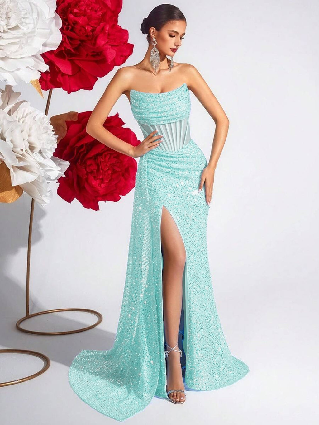 Sequin Corset Strapless Thigh Slit Maxi Gown