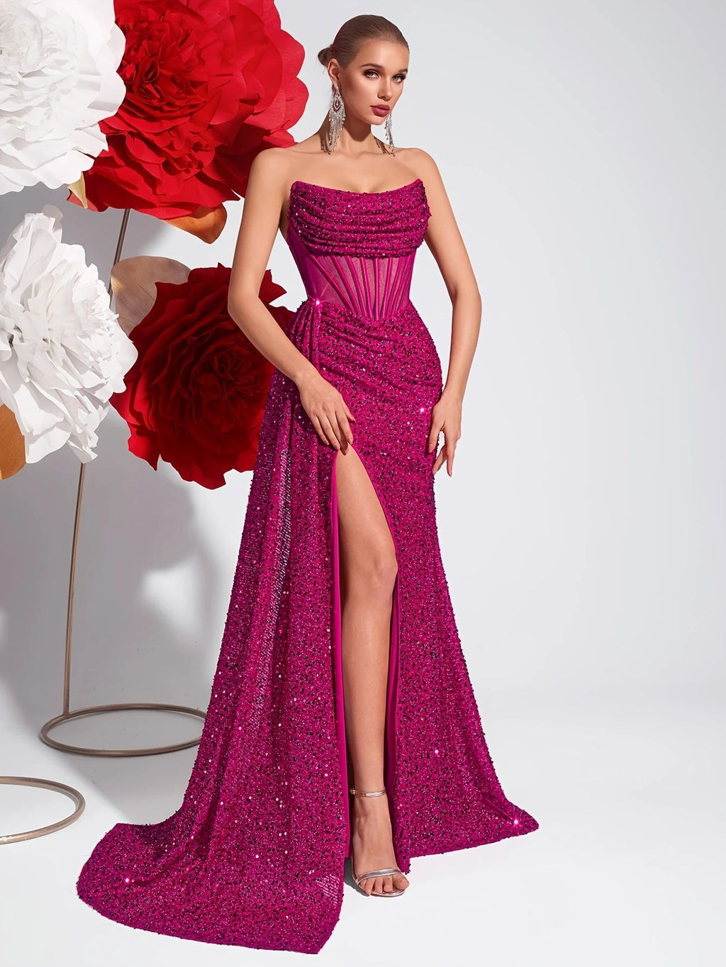 Sequin Corset Strapless Thigh Slit Maxi Gown