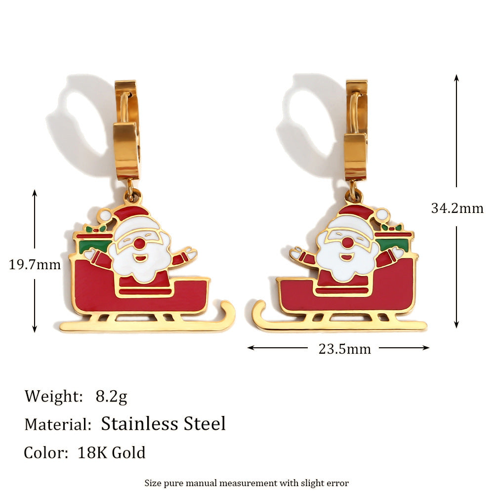 Santa Sleigh Enamel Huggie Drop Earrings - Red