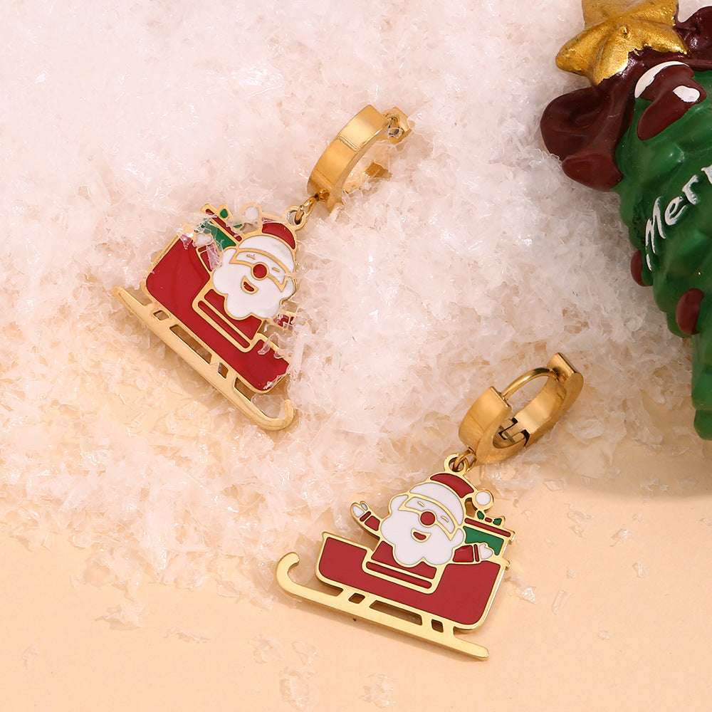 Santa Sleigh Enamel Huggie Drop Earrings - Red - 1
