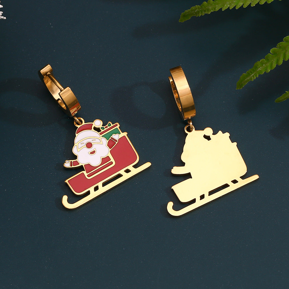 Santa Sleigh Enamel Huggie Drop Earrings - Red - 2