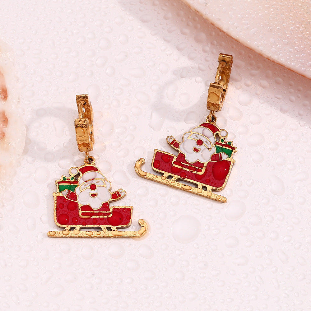 Santa Sleigh Enamel Huggie Drop Earrings - Red - 3