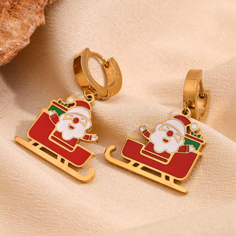 Santa Sleigh Enamel Huggie Drop Earrings - Red - 4