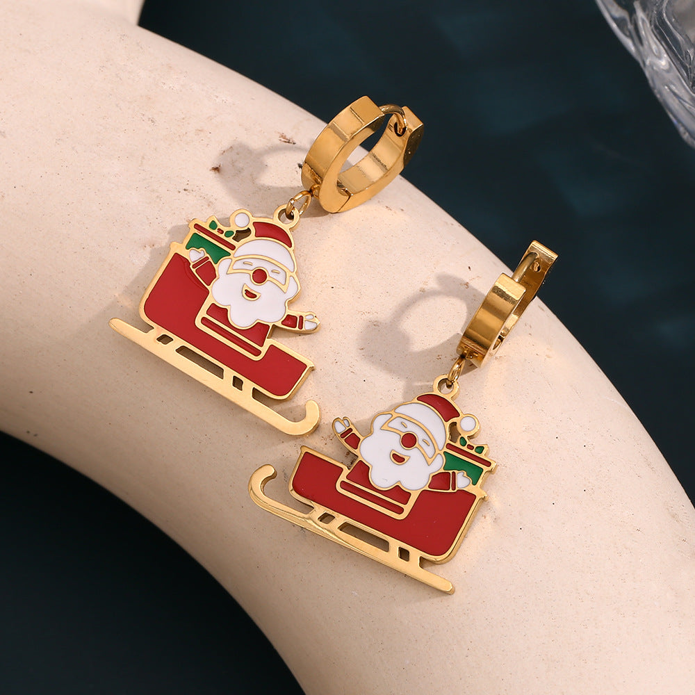 Santa Sleigh Enamel Huggie Drop Earrings - Red - 5
