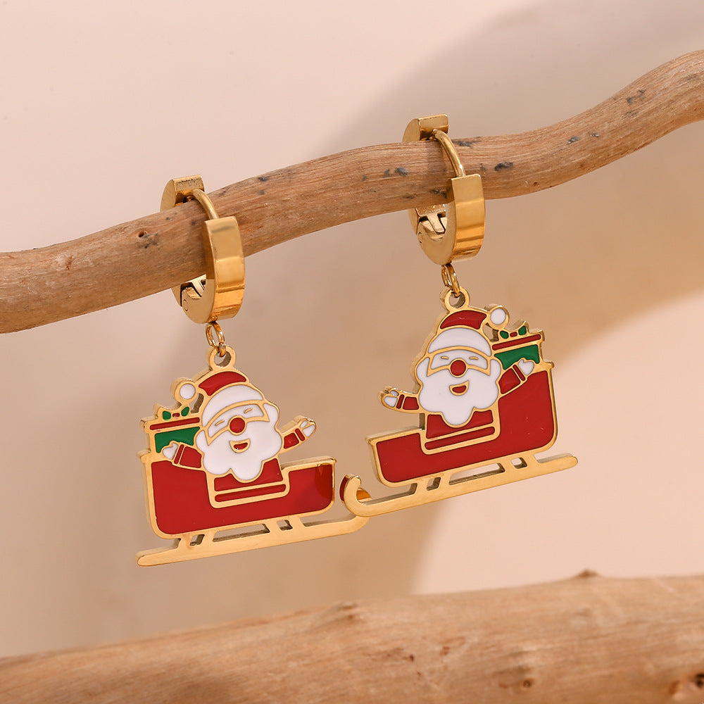 Santa Sleigh Enamel Huggie Drop Earrings - Red - 6