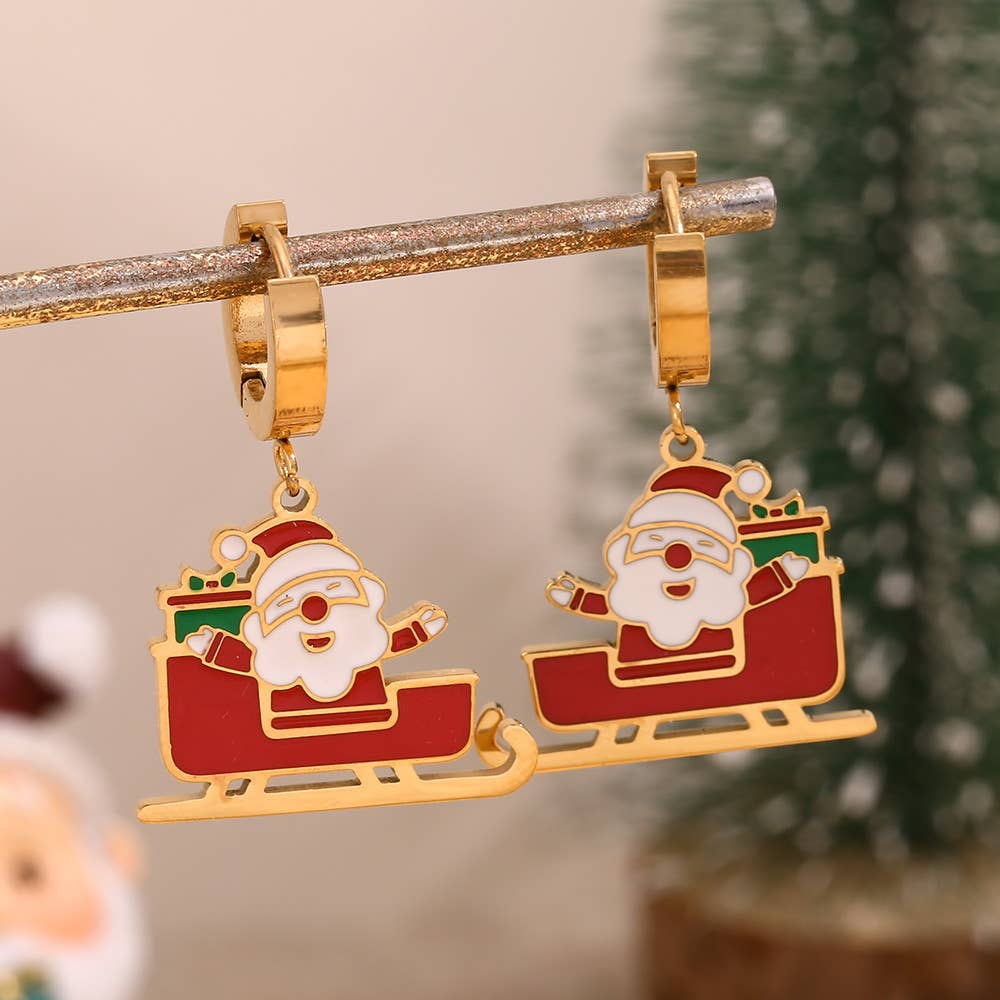 Santa Sleigh Enamel Huggie Drop Earrings