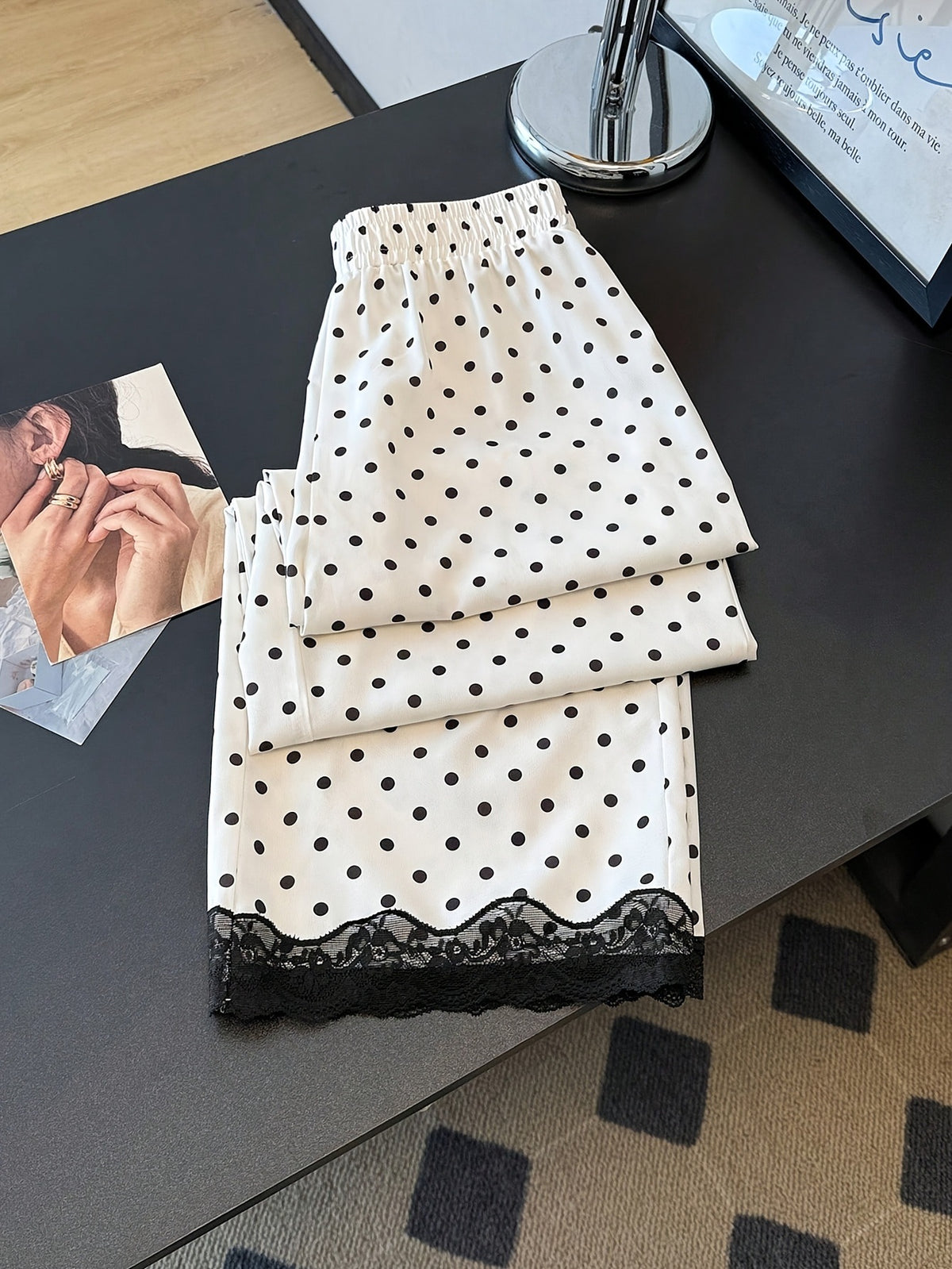 Retro Polka Dot Wide-Leg Pants with Scalloped Lace Hem - White