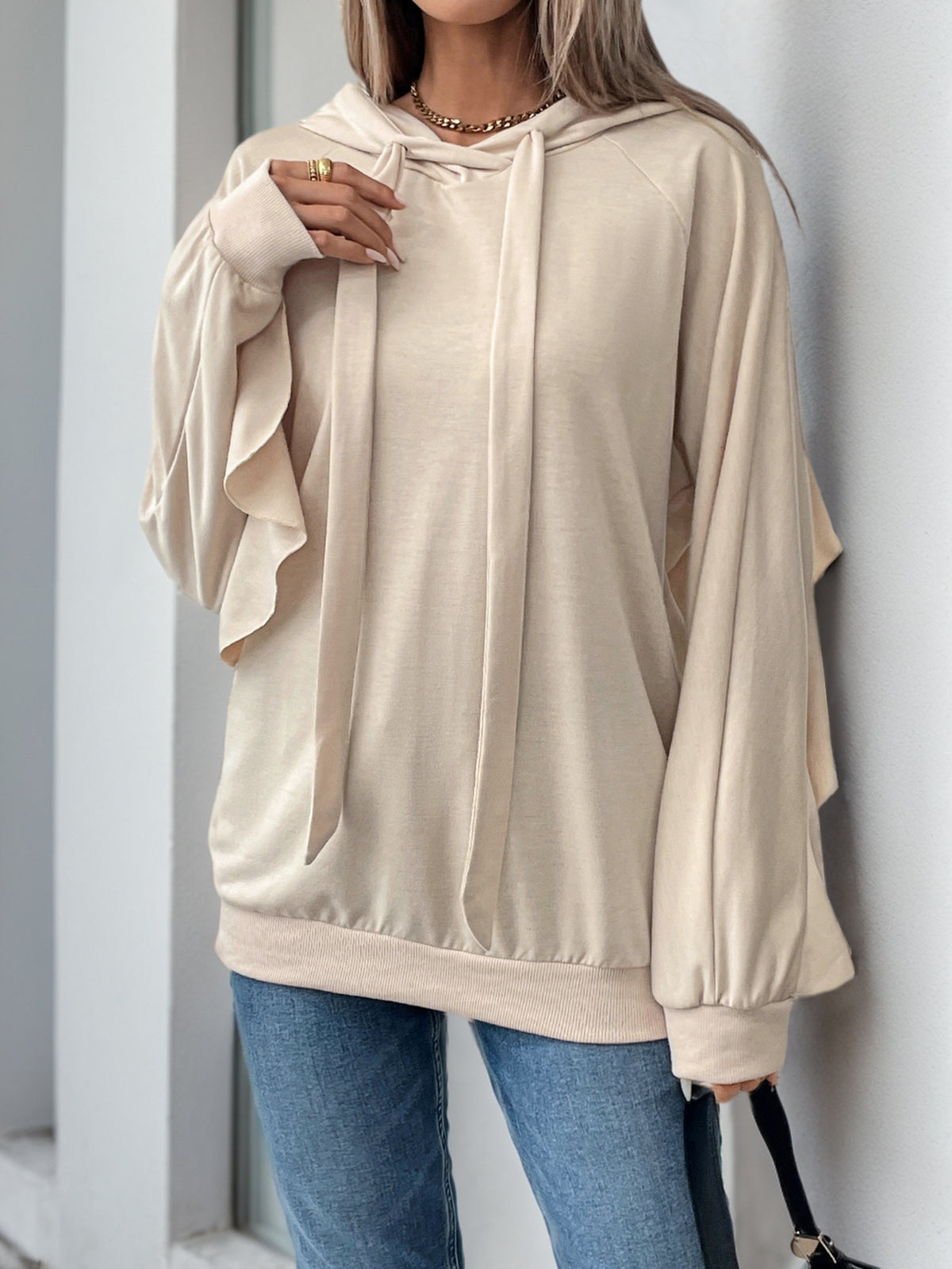 Ruffle Sleeve Drawstring Hooded Sweatshirt - Apricot
