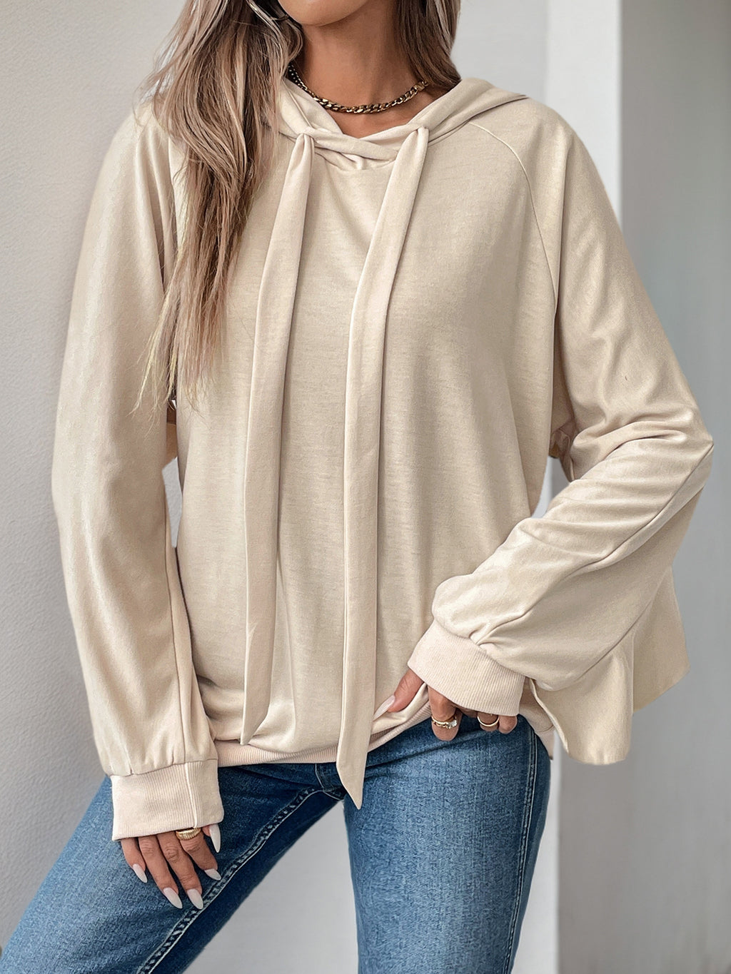 Ruffle Sleeve Drawstring Hooded Sweatshirt - Apricot - 1