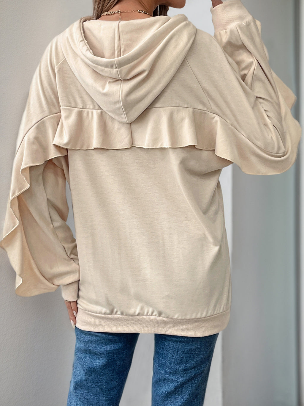 Ruffle Sleeve Drawstring Hooded Sweatshirt - Apricot - 2