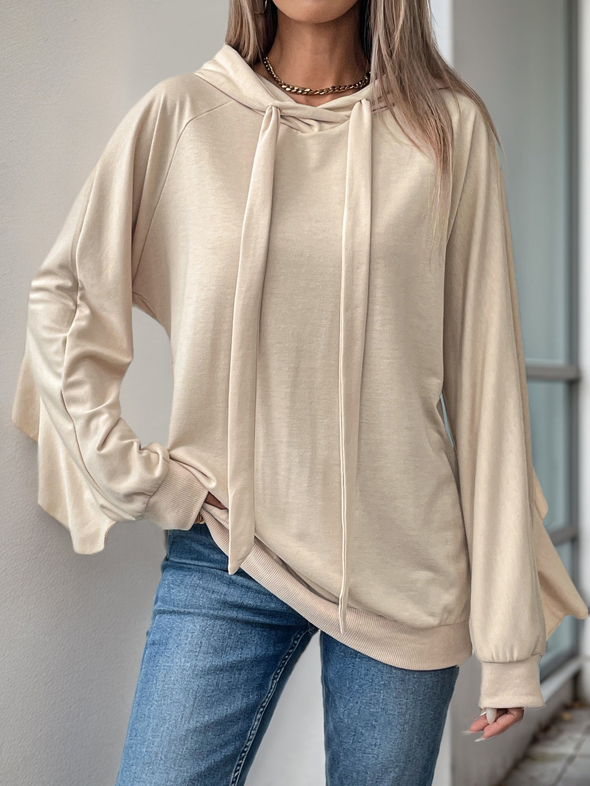 Ruffle Sleeve Drawstring Hooded Sweatshirt - Apricot - 5