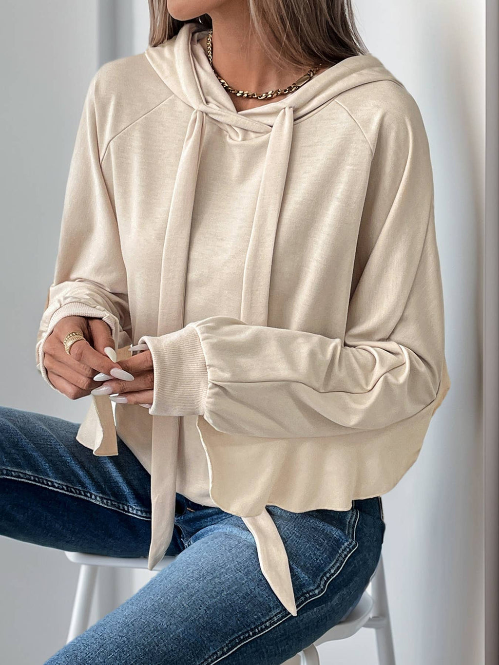 Ruffle Sleeve Drawstring Hooded Sweatshirt