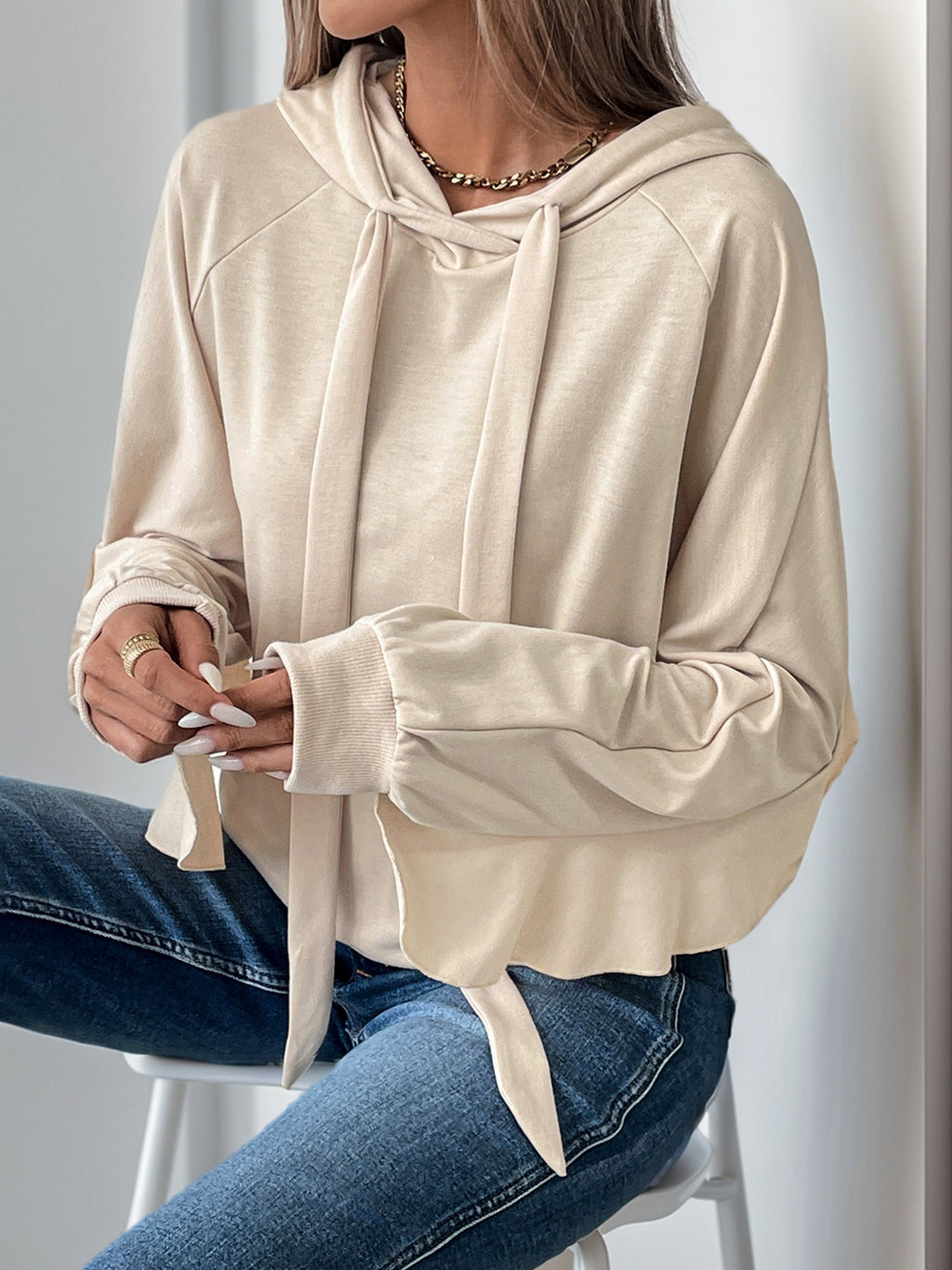 Ruffle Sleeve Drawstring Hooded Sweatshirt - view 1