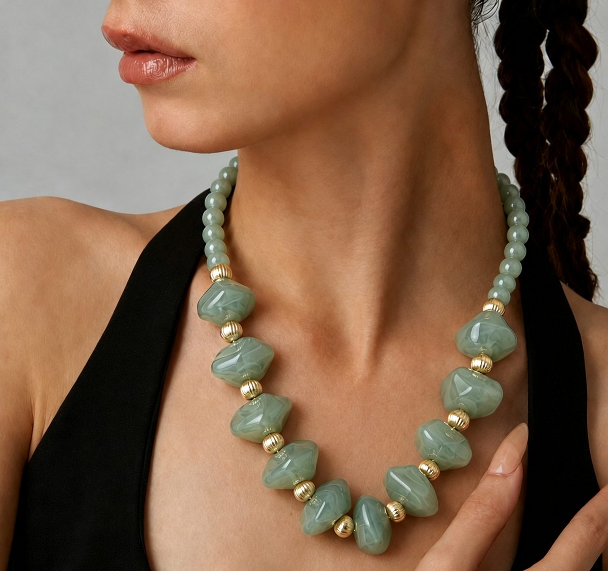 Chunky Marbled Bead Statement Necklace - Green