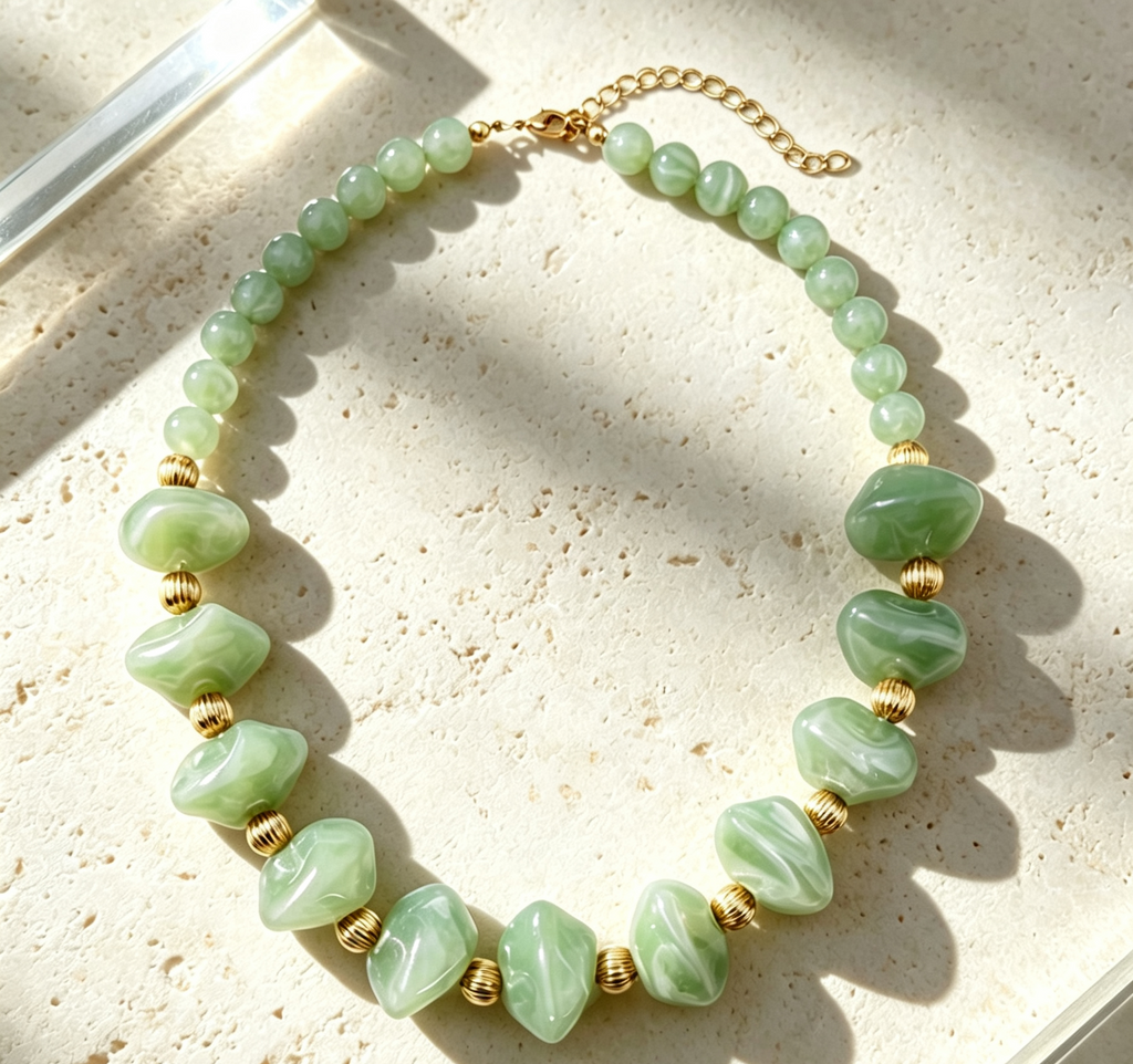 Chunky Marbled Bead Statement Necklace - Green - 1