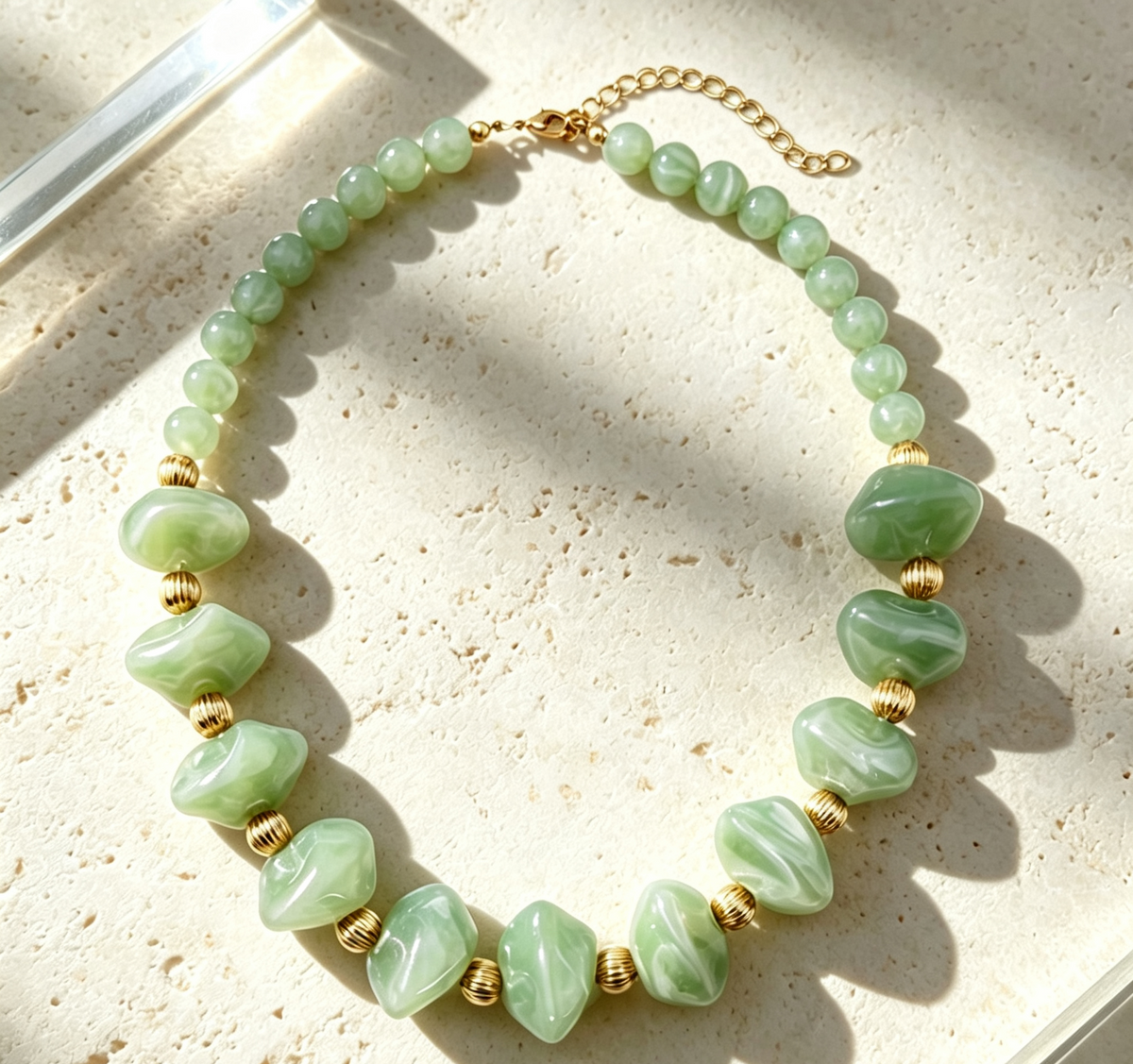 Chunky Marbled Bead Statement Necklace - Green - 1