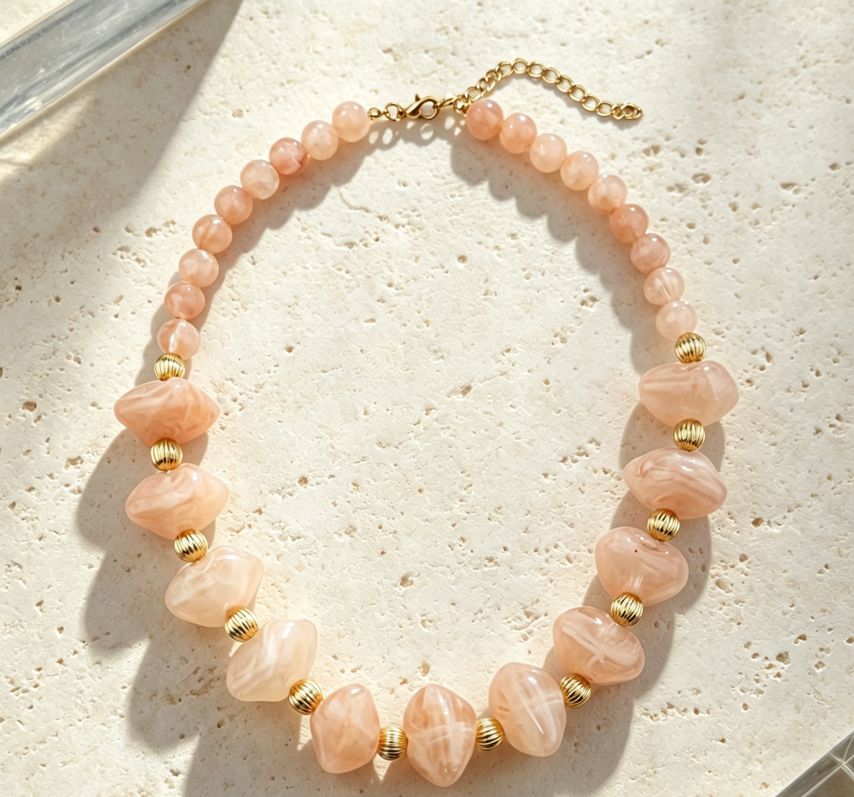 Chunky Marbled Bead Statement Necklace - Pink