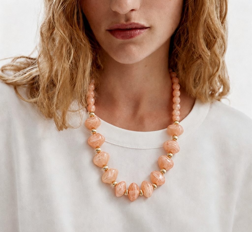 Chunky Marbled Bead Statement Necklace - Pink - 1