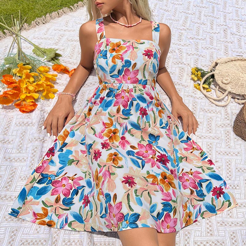 Bold Floral Square Neck Sundress - White
